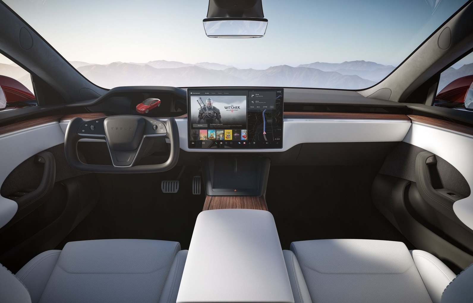 Интерьер Model S: 17″ центральный дисплей, приборная панель, руль‑йок (по версии)